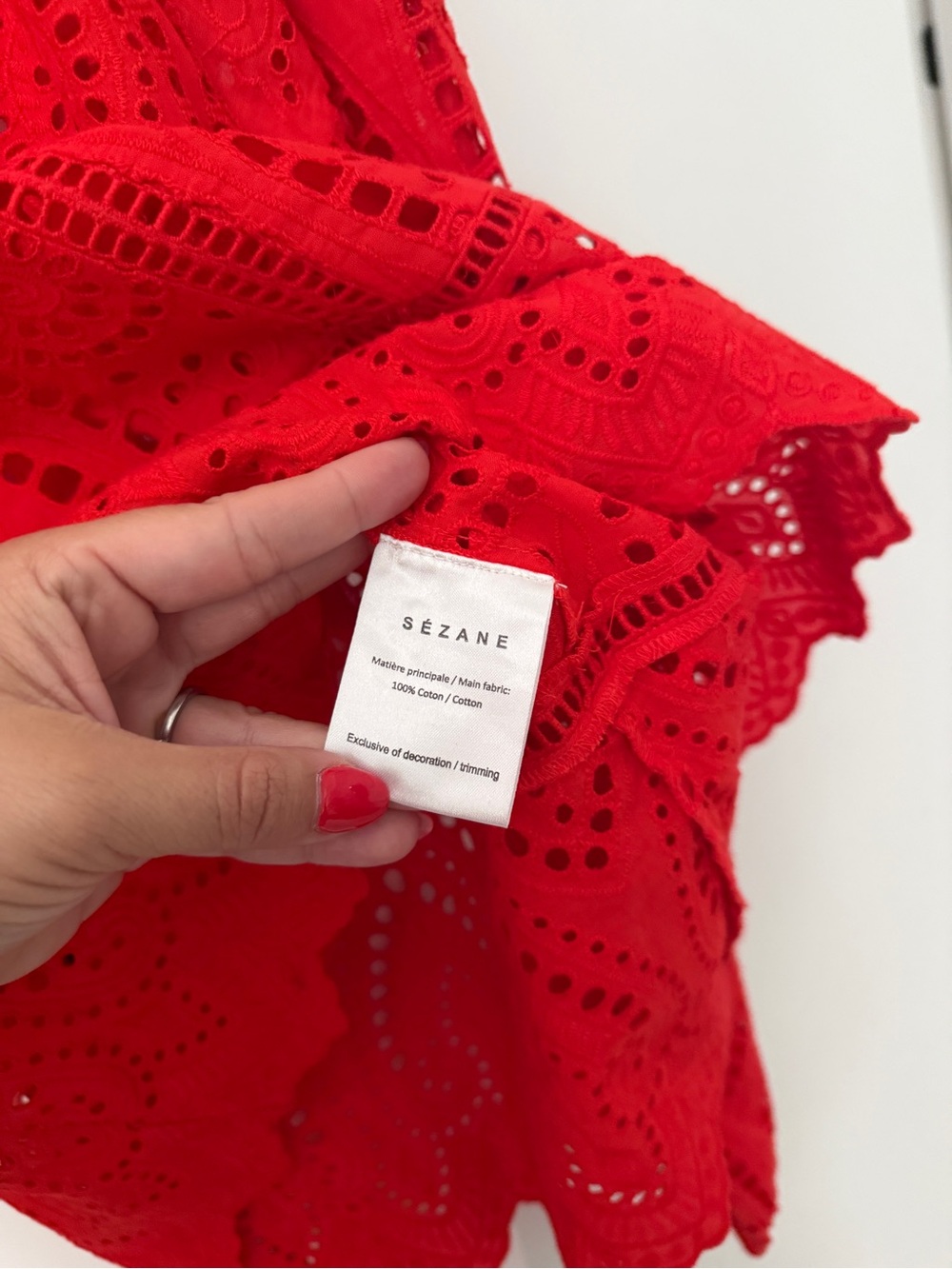 Sezane Ambra red eyelet long sleeve tassel v neck top - Picture 4 of 5
